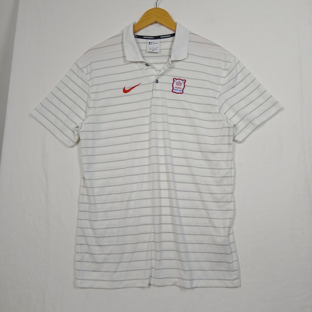 Nike MLB Miami Marlins Striped Polo Shirt White Grey Short Sleeve Small